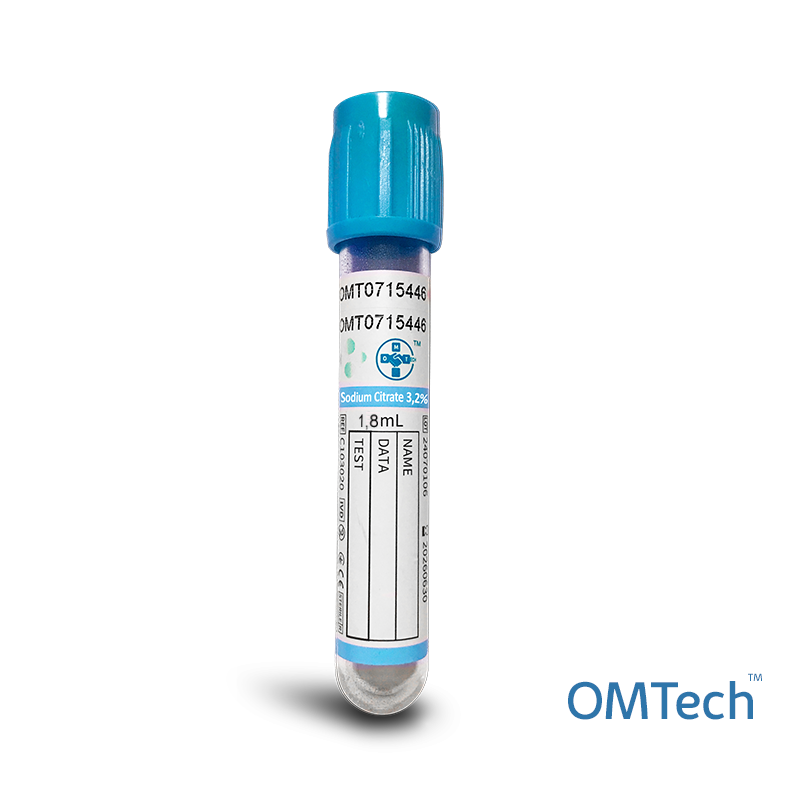 Пробірка вакуумна для забору крові "OMTech", з цитратом натрію 3,2%, стерильна, з блакитною кришкою, 1,8 мл, 13*75 мм RENJI MEDICAL